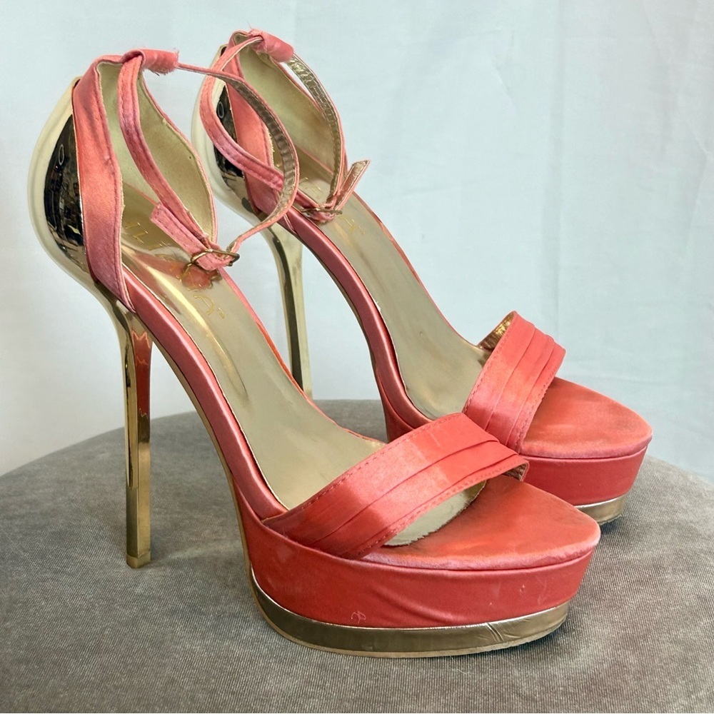 Liliana peach pink satin strappy gold tone metal high heel stiletto platforms